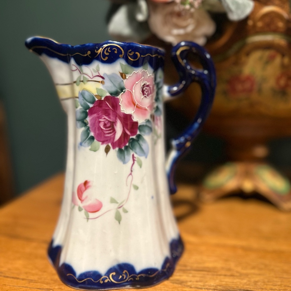 Rare Vintage Floral Nippon Creamer Pitcher with Blue & Gold Accents